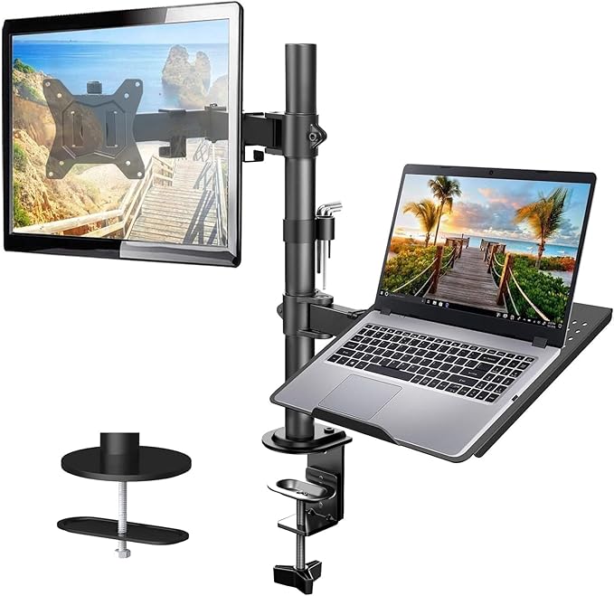 HUANUO Adjustable Monitor Stand, Single Arm Desk Mount for 32 inch Screen and 17 inch Laptop, Heavy Duty Ergonomic Bracket Holds 22lbs