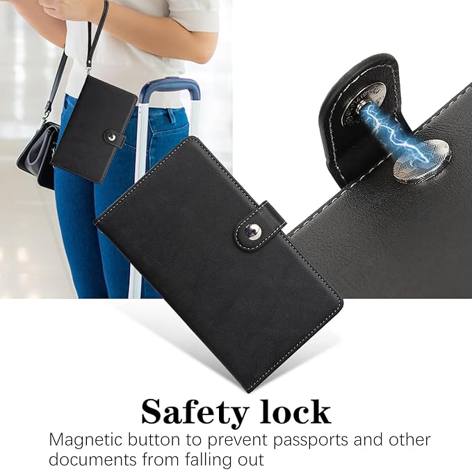 Passport Holder for Travel Essentials, RFID Blocking PU Leather Wallet Cover with Wristlet Strap Magnetic Closure Passport Book Holders Case for Women and Men, Black