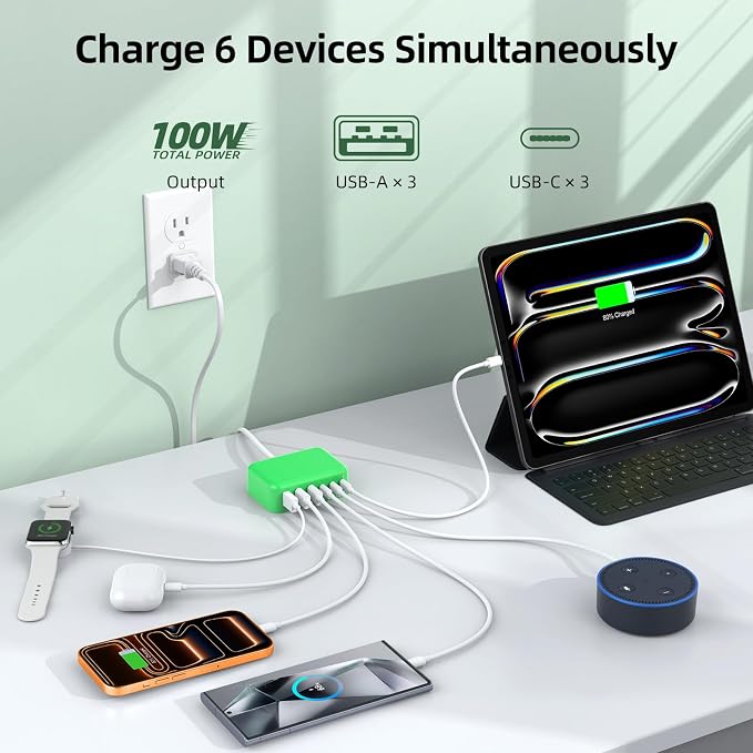 6 in 1 USB Charger, 50% Smaller Charging Station for Multiple Devices, 100W Fast Charging Blocks with Type C Ports, USB Charging Hub Organizer Multiport Power Strip for iPhone, Ipad, Kindle, Travel