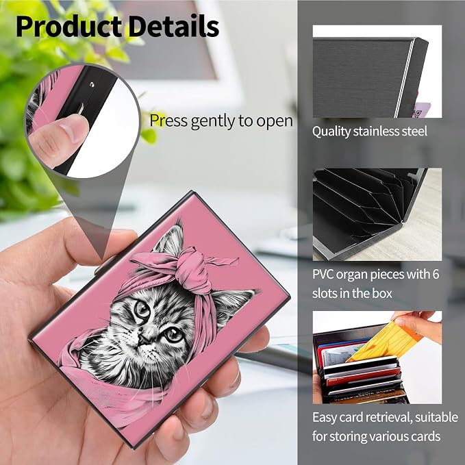 Metal Wallet, Credit Card Holder for Women Men Girls, RFID Blocking Aluminum Wallet Slim Hard Case, Mini Travel Wallet, ID Card Holder Business Card Case,Cat Pink