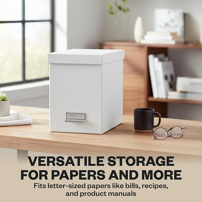 Bigso John Fiberboard Label Frame Desktop File Storage Box - Document Organizer for Important Paperwork - Durable Hanging File Box with Lid & Metal Label Window - 7.36 x 13.38 x 10.51 in - White - 2pk