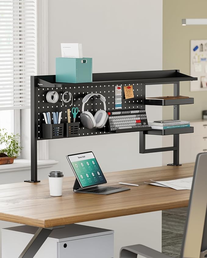 44" Clamp on Desk Shelf, Desktop Shelving System, Bundle with 8 Pieces Accessories, Black