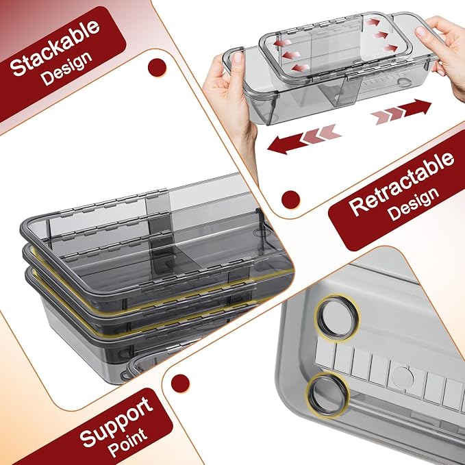 8 PCS Black Expandable Drawer Organizer, Large Drawer Organizers and Storage, Vanity Dividers, Acrylic Storage Bins for Makeup, Jewelry Gadgets for Kitchen, Bedroom, Bathroom, Office