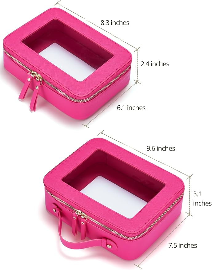 Popvibe Clear Makeup Bag Travel Cosmetic Case Transparent Toiletry Bag with Zipper, Portable Make Up Organizer Traveling Compact Car Bag for Essentials, Hotpink, Medium and Large