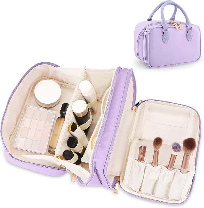 Travel Makeup Bag for Women Fashion Large Capacity Pouch Open Flat Cosmetic Portable Organizer Waterproof Large Opening Storage Toiletry Bags Vertical Free-Standing Brush Holder for Easy Access Purple