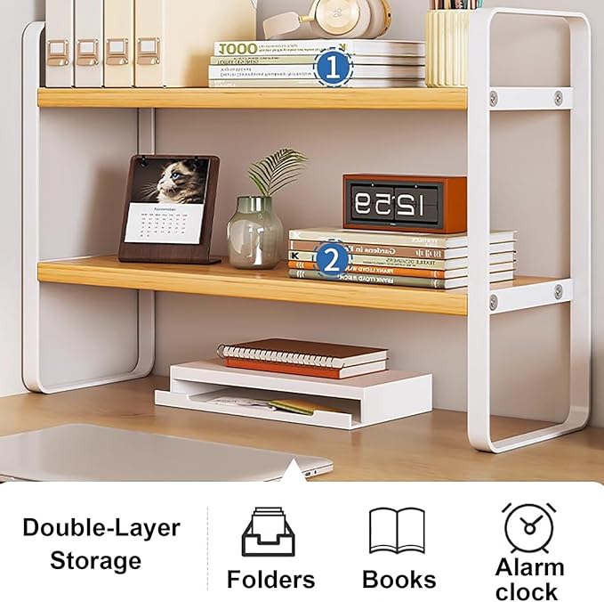 2 Tier Desktop Bookshelf, Office Desk Shelf Organizer, Metal Frame Wood Board Rack, Countertop Bookshelf for Office Supplies Display Rack, for Dorm, Home, School, Office(White,30cm/11.8")