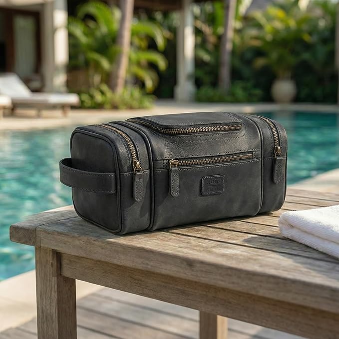 LEATHER VILLAGE Genuine Leather Travel Dopp Kit for Men & Women – Large Capacity Hanging Toiletry Bag with Water-Resistant Lining – Ideal for Travel, Grooming & Gym - Black
