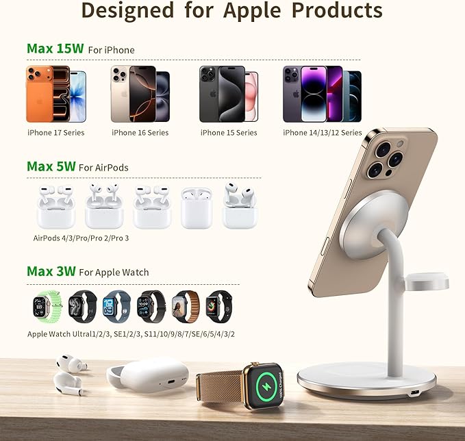 XooFly 3 in 1 Wireless Charging Station for Apple Devices, Fast Wireless Mag-Safe Charger Stand with 20W Adapter for iPhone 17 16 15 14 13 12 Pro Max/Air/Plus/Pro,iWatch,AirPods-Gift for Wife&Husband