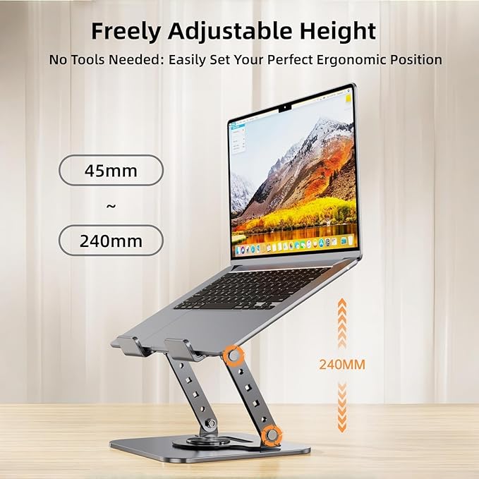 Laptop Stand for Desk, 360° Rotating Adjustable Metal Foldable Laptop Riser with Minimalist Football Vent Pattern, Ergonomic Computer Notebook Holder for MacBook, Dell, HP 10-17.3", Silver
