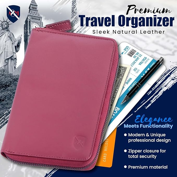 ALLEN & MATE 100% Leather Passport Holder for Travel RFID Blocking Passport Wallet for Men & Women - Zippered Compact Travel Document Organizer Fits Passport, Cash, Cards, SIM, ID and Tickets