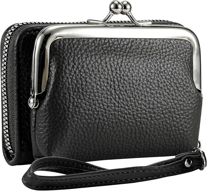 Women's RFID Blocking Wristlet Wallet - 2-in-1 Zip-Around with Coin Purse & Card Slots - Vegan Leather with Secure Clasp (Gift Ready)(Black)