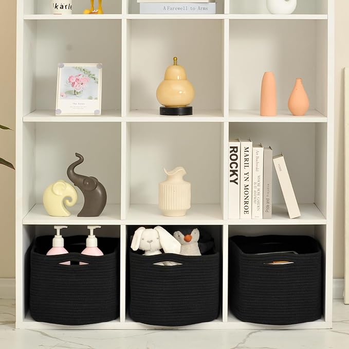 ICERZCZ Large Storage Baskets for Organizing Shelves, Woven Cotton Rope Bins for Baby Nursery Organization, Book Toy Towel Organizer, 17"x13"x9.5", 3 Packs, Black
