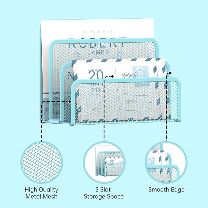SUPEASY Mail Organizer for Desk, Mesh Metal Mail Holder Countertop with 3-Slot, Letter Sorter File Holder, Office Envelope Organizer for Mails (Blue)