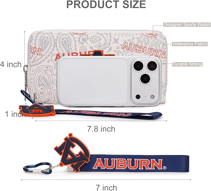 Auburn Organizer Wallet with RFID Blocking Card Slot & Keychain, Auburn Team Logo Wristlet Wallet, Zip Clutch Purse for Gift, Game Day, Travel | Beige, NC-AU011BG