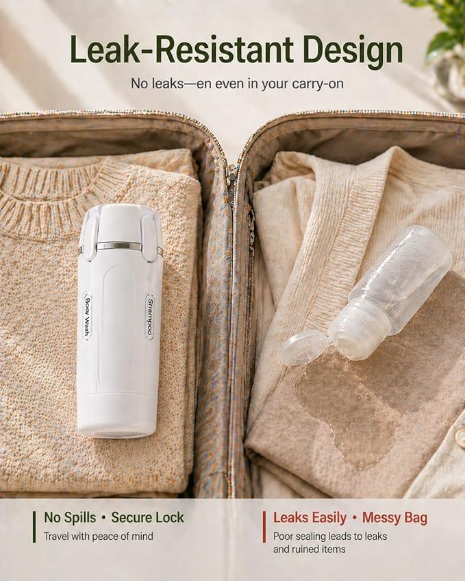 4 in 1 Travel Dispenser Bottle, TSA Approved Leak Proof Refillable Toiletry Containers for Shampoo, Conditioner, Lotion & Skincare – Easy Clean Travel Bottles for Gym, Business