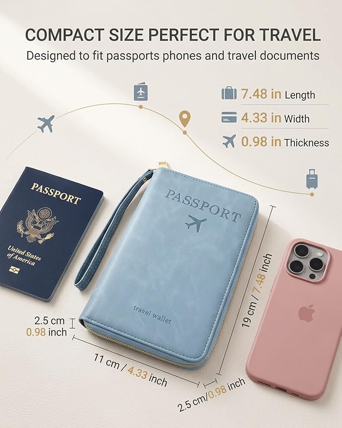 RFID Blocking Wallet for Women Men Cash Travel Passport Holder Family PU Leather Phone Document Organizer Case Cover Pouch with Lanyard Zipper Boarding Pass Id Card Pocket(Black)