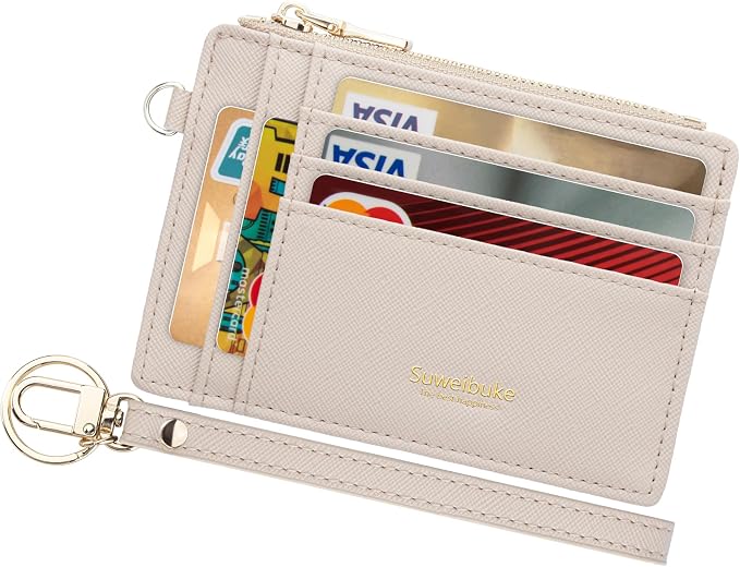Wikavanli Women Slim Rfid Blocking Credit Card Case Holder Wristlet Zip ID Case Wallet Small Compact Leather Wallet Coin Purse with Keychain (Off-White)