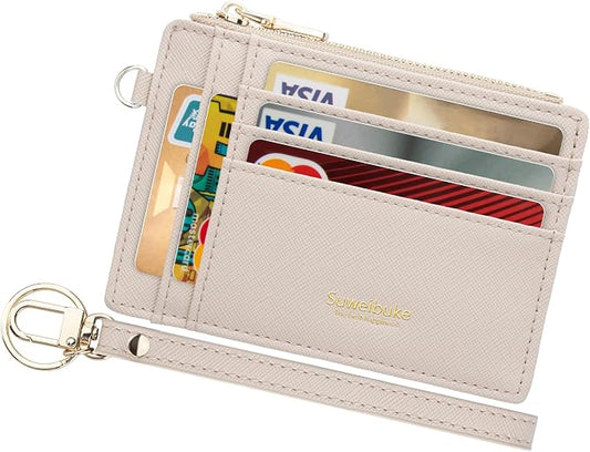 Wikavanli Women Slim Rfid Blocking Credit Card Case Holder Wristlet Zip ID Case Wallet Small Compact Leather Wallet Coin Purse with Keychain (Off-White)