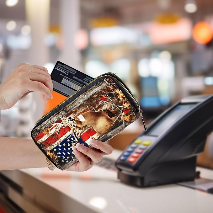 Wallet,Leather Long Wallet Suitable For Ladies And Teenagers - Detachable Wristband + RFID Travel Wallet With Card Slot - American Flag and Deer