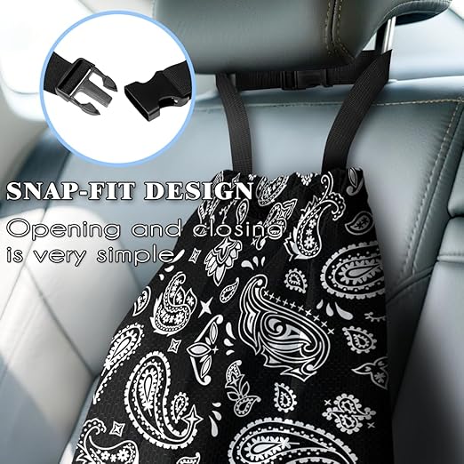 Car Trash Bag Hanging Back of Seat with Adjustable Snap Buckle Strap Cute Printed Drawstring Garbage Bags for Car-Paisley Floral Black
