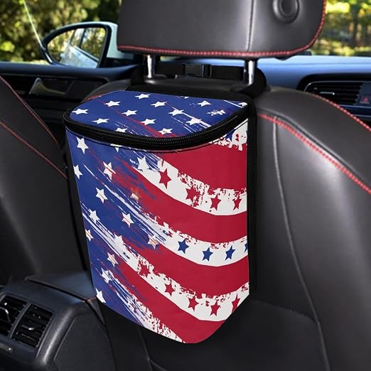 Talayituse American Flag Star Print Car Trash Can with Lid, 4th of July Leak Proof Auto Trash Bag Hanging Vehicle Garbage Can Multipurpose Storage Container for Back Seat Road Trip