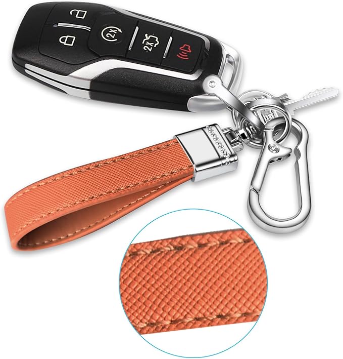 QBUC Genuine Leather Car Keychain,Universal Heavy Duty Metal Key Chain Accessories,Car Fob Key Keychain Holder with 360 Degree Rotatable Snap Swivel and Anti-Lost D-Ring for Men Women(Orange)