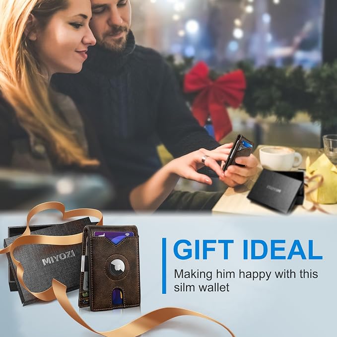 miyozi Airtag Wallet for Men,with Money Clip 11 Cards Slim Front Pocket Leather RFID Blocking Wallet with Gift Box