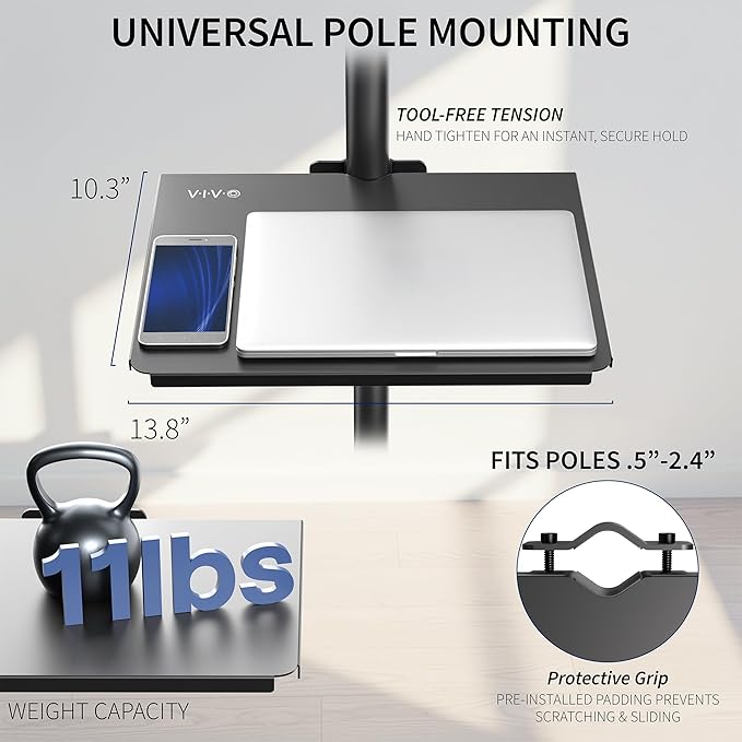 VIVO Universal Steel 14 x 10 inch Shelf Pole Mount for TV Cart, Attaches to 0.5” to 2.4” Poles, Speaker & Microphone Stands, Clamp-on Utility Storage Surface, Black, MOUNT-SF13P