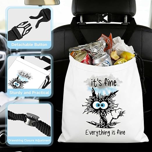 Black Cat Car Trash Bag - Waterproof Car Trash Bag Hanging Leakproof Car Garbage Bag - Washable Reusable Trash Bag for Car Interior Hanging Organizer Storage Vehicle Travelling Camping