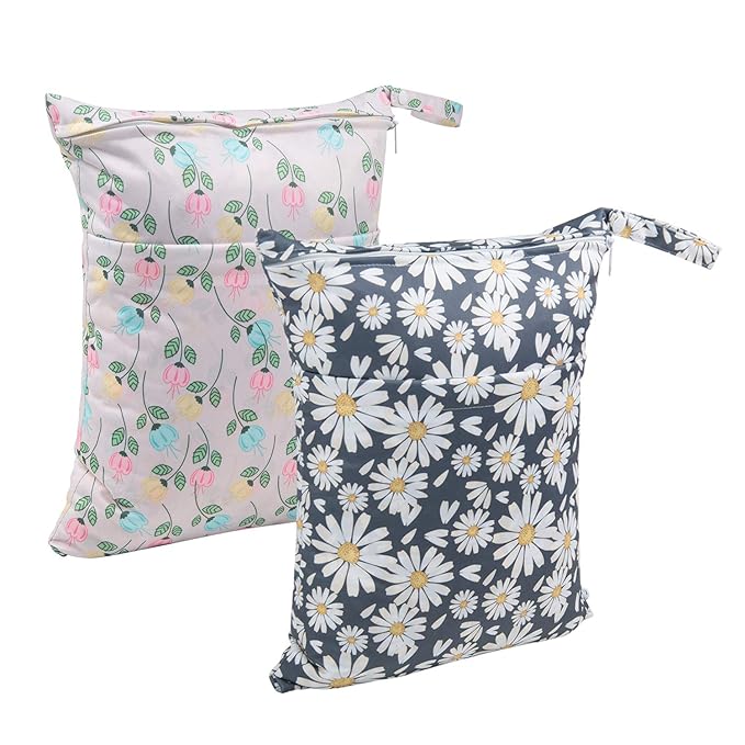 ALVA ALVABABY 2pcs Cloth Diaper Wet Dry Bags Waterproof Reusable with Two Zippered Pockets Travel Beach Pool Daycare Soiled Baby Items Yoga Gym Bag for Swimsuits or Wet Clothes L0821