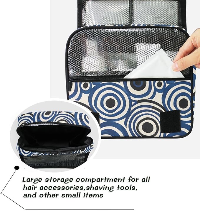 Hanging Travel Toiletry Bag White and Blue Circle Kit Makeup Case Cosmetics Organizer for Men Women