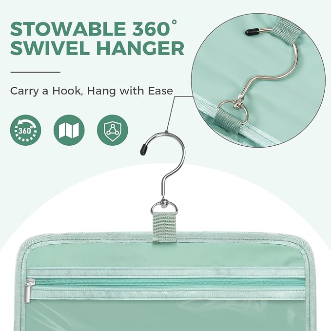 Toiletry Bag for Women, Portable Hanging Organizer, 4 Leakproof Compartments for Full-Sized Conditioners, Brush Sets, Makeup Accessories, Visible and Easy to Access, L, mint