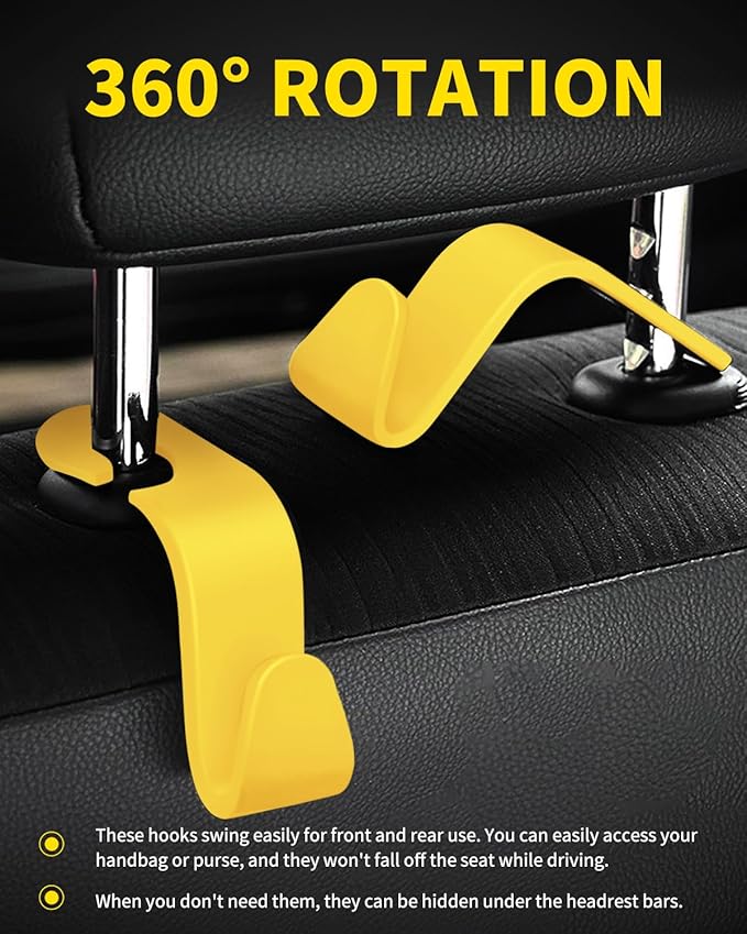 8 Pack Car Seat Headrest Hooks with 44 Pounds Load Capacity, Hangers Storage Organizer Universal Car Interior Accessories for Handbags Water Bottles Purse Coats Umbrellas, Yellow
