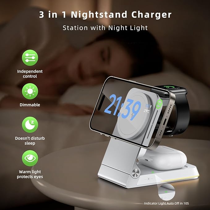Foldable Wireless Charger 3 in 1 - Magnetic Wireless Charging Station for Apple Magsafe Charger Stand with Light,Aluminum Portable Travel Charger Dock for iPhone 17/16/15/14/13/12,Apple Watch,AirPods