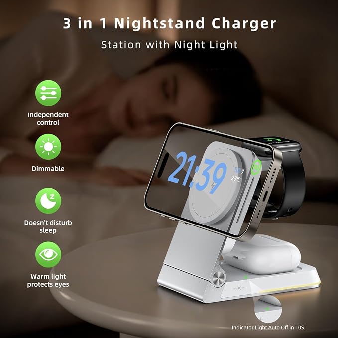 Aluminum 3 in 1 Wireless Charging Station,Foldable Wireless Charger for Apple Magsafe with Light,Portable Travel Magnetic Charger Stand for iPhone 17/16/15/14,Watch,Airpod,with PD 20W Adapter & Case