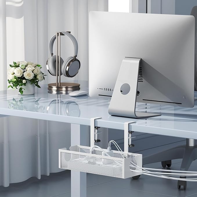 YECAYE No-Drill Metal Under Desk Cable Management Tray, Power Strip & Cable Organizer for Home Office,Under Desk Storage,Organizer Tray,White