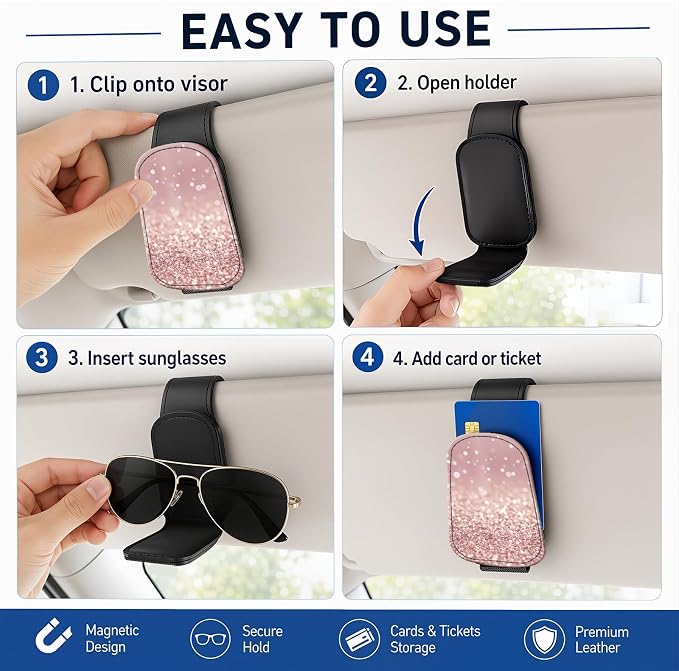 Leather Magnetic Sunglass Holder for Car Sun Visor, Cute Eyeglass Ticket Card Hanger Clip, Universal Auto Interior Accessories for SUV Pickup Truck, Rose Gold Glitter