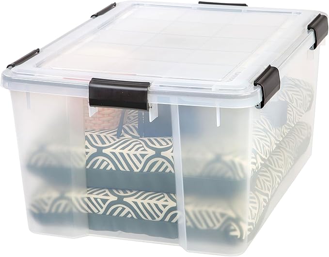 IRIS USA WeatherPro 63 Qt Storage Bins with Lids, 4 Pack, BPA-Free Plastic Gasket Box with Tight Latch and Seal, Stackable Nestable Tote Tub - Clear/Black