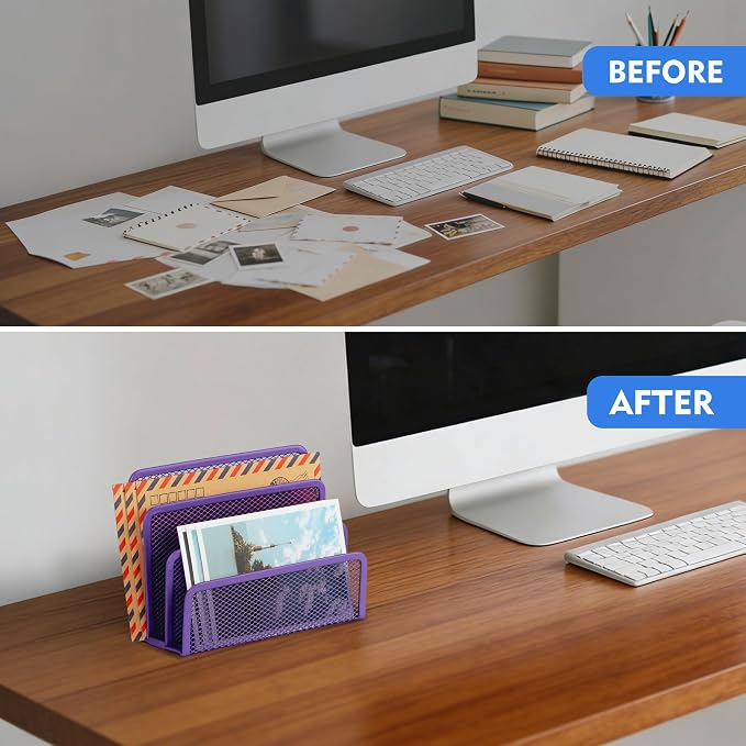EASEPRES Desk Mail Organizer, Office Small Desktop Metal Mesh Envelope Letter Sorter Paper File Holder Organizer with 3 Vertical Upright Compartments, Purple 2 Pack