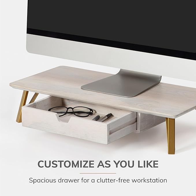Anji Mountain Monitor Stand - Desktop Organizer & Laptop Riser, Ergonomic Monitor Riser, Space-Saving Monitor Stand for Desk, Durable Construction, Easy Assembly, Ideal for Home & Office,White Wash