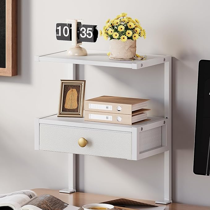 VENNQD Clamp On Desk Shelf, 2-Tier Desktop Organizer, Wood Desktop Supplies Tabletop Book Storage Rack with Adjustable Shelves for Table Working and Gaming Accessories, White