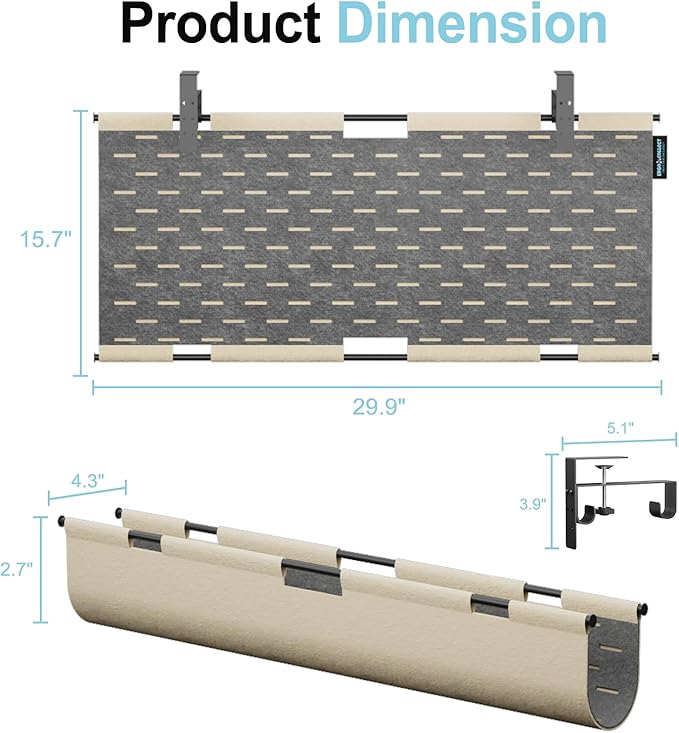 2-in-1 Under Desk Cable Management Tray & Privacy Panel, Dual-Sided Thick Felt Cord Organizer with 20 Cable Ties, Heavy Duty Steel Frame Support, No-Drill Clamp Mount, Large Capacity (Khaki/Gray, 30")