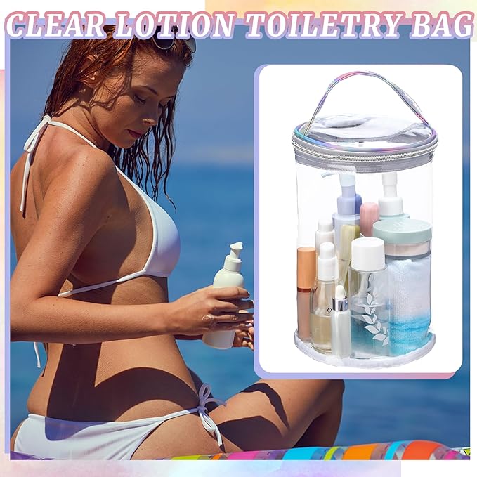 Sanwuta Clear Lotion Bag for Toiletry Sunscreen Cylinder Makeup Bag Heavy Duty Travel Organizer Pouch Waterproof Cosmetic Pouch with Handle Zipper Gift for Summer Beach Pool Airport Women(Silver)