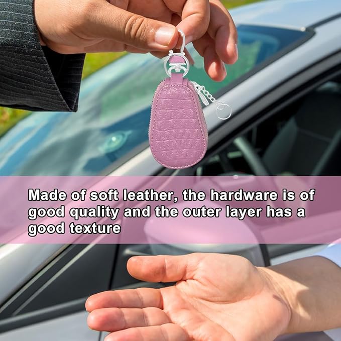 Leather Car Keychain Case Holder - Keyring Zipper Bag Auto Key Fob Cover Case with Metal Hook - Car Key Case Smart Key Fob Protector for Remote Key Fob (Pink)