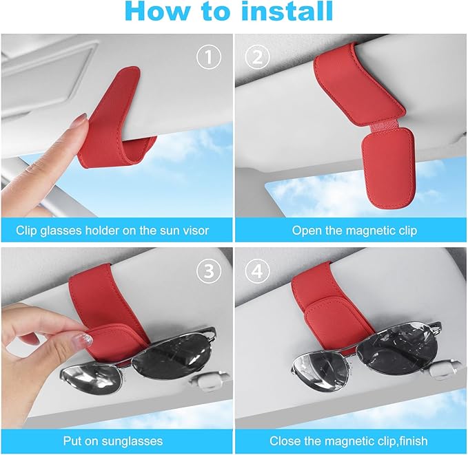 TCJJ Sunglasses Holders for Car Visor,Car Magnetic Glasses Holder Leather Sunglasses Clip and Ticket Card Clip Suitable for Car Interior Visor and Different Size Eyeglasses(Red)