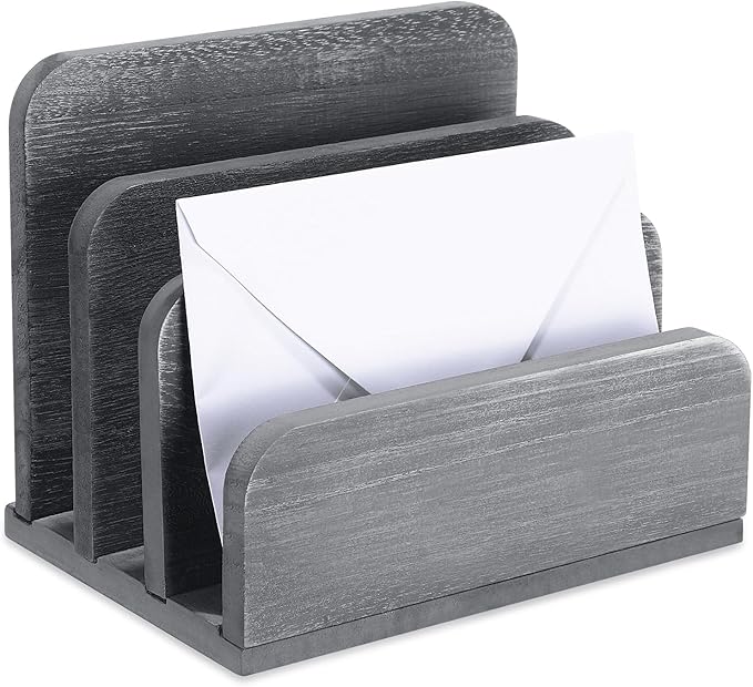 Briwooody Wooden Mail Organizer 3 Slots Mail Holder for Desk Wood File Paper Letter Holder for Letter Envelope Filing Cell Phone Document Storage, Organizer Tray for Office and Home(Grey)
