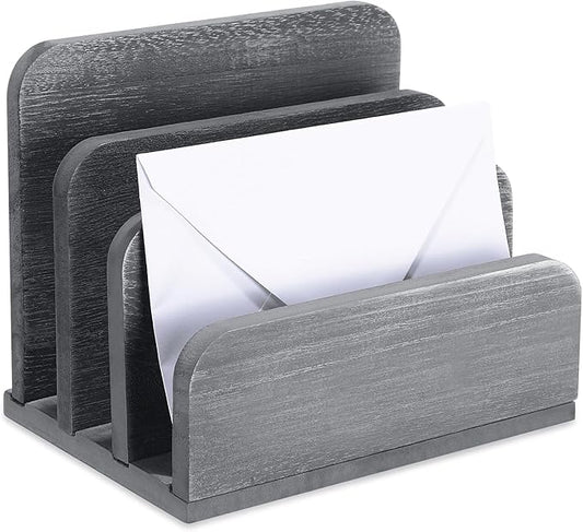 Briwooody Wooden Mail Organizer 3 Slots Mail Holder for Desk Wood File Paper Letter Holder for Letter Envelope Filing Cell Phone Document Storage, Organizer Tray for Office and Home(Grey)