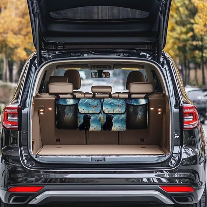 Black Cat Print Car Trunk Organizer Hanging Car Backseat Storage Bag Waterproof Collapsible Cargo Bag with 4 Pouches Universal Automotive Interior Accessories