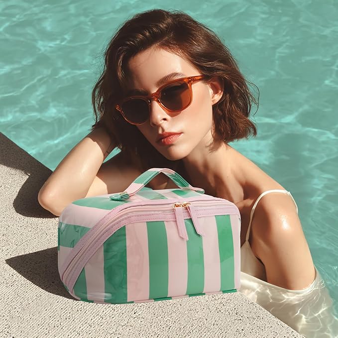 DYSHAYEN Stripe Travel Makeup Bag with Compartments Clear Coated Cosmetic Bag for Women, Waterproof Portable Open Flat Toiletry bag （Pink-Green）