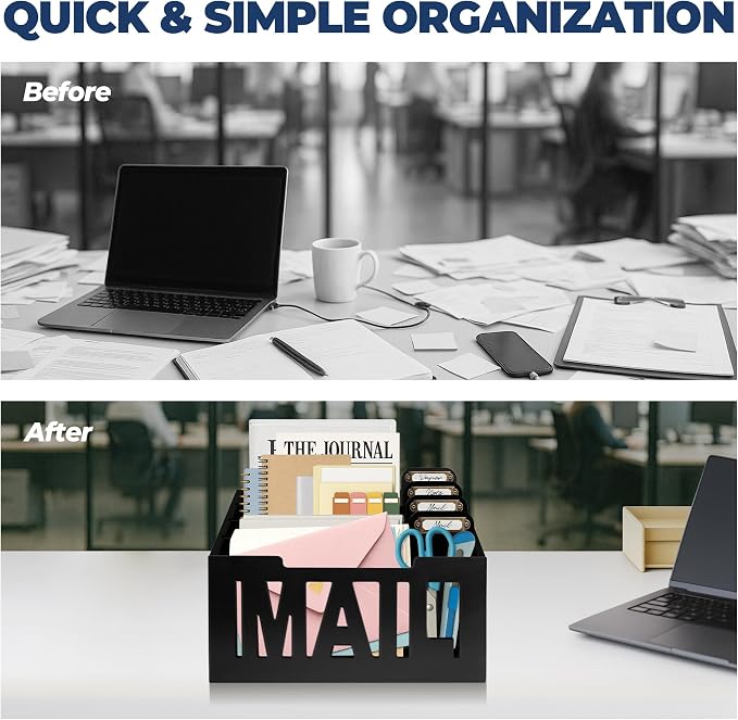 Mail Organizer Countertop – Black Holder for Desk with 4 Slots & Label Tags, Decorative Desktop Sorter, Bill Storage and Envelope Tray for Organized Home Office Accessories (11x7x8 in)